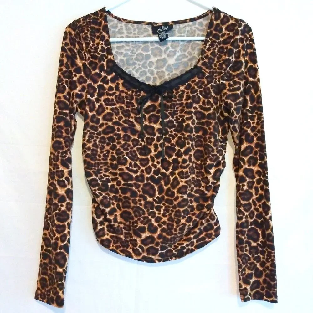 Just Polly Leopard Lace Trim Top L Ruched Sides Fitted Y2K Mob Wife Night Out - Picture 2 of 7